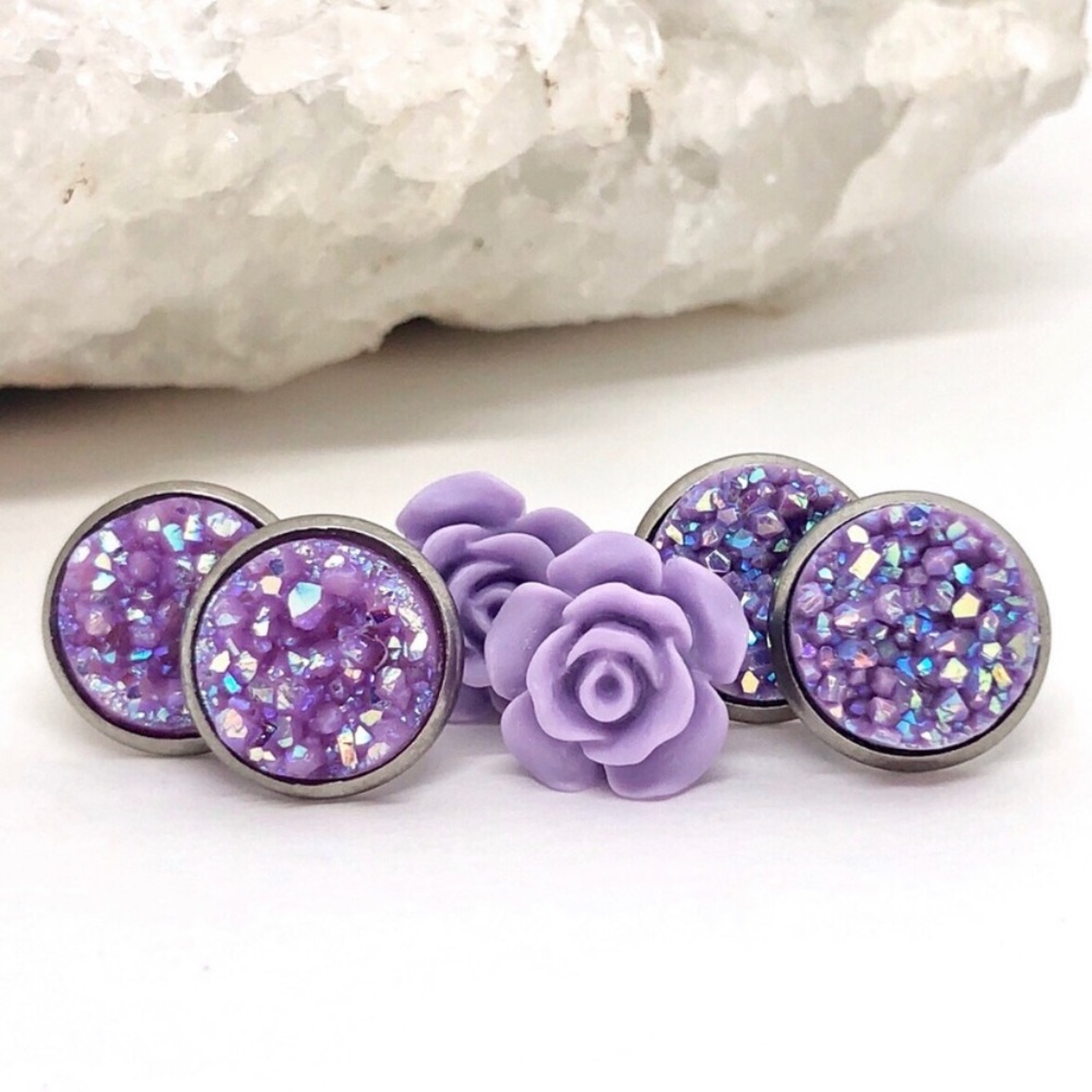 Gorgeous Handmade Purple Druzy+Succulent Earrings - Picture 1 of 8